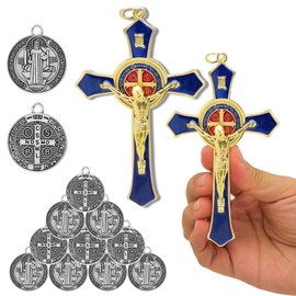 Aswitnove 22 Pcs St Benedict Crucifix Accessory Set, 2 Pcs 4.9 x 2.7 Inch Enamel Crucifix Wall Cross Decor 20 Pcs 0.9 x 0.79 Inch San Benito Medalla Pendant Catholic Protection Prayer Decoration Blue