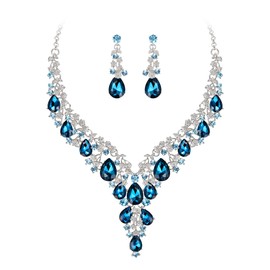 BriLove Women's Wedding Bridal Austrian Crystal Teardrop Flower Leaf Vine Cluster Statement Necklace Dangle Earrings Jewelry Set Blue Topaz Silver-Tone