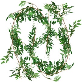 FiveSeasonStuff 2 Pcs Willow Leaves Garland Artificial Silk Leaves Vine (3.4 metres) Hanging Decorations for Home Wall Decoration, Wedding Decor, Bridal, Wreaths (Willow Leaves (green) 2pcs)