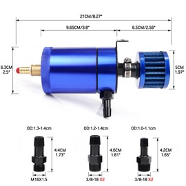 WENJTP Oil Catch Can Kit with 4 Adapters + Breather Filter Drain Valve Plug 2 Ports (1 oulet + 1 inlet) 150ml Universal Aluminum Baffled Oil Reservoir Tank Oil Separator HTRACING (Blue)