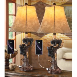 LOKHOM Climbing Bears Rustic Western Table Lamp Set of 2, 26" Rustic Bedside Lamp with USB & TypeC Charging Port, Natural Bears Table Lamp for Bedroom Living Room Foyer Office Valentine's Day Gift