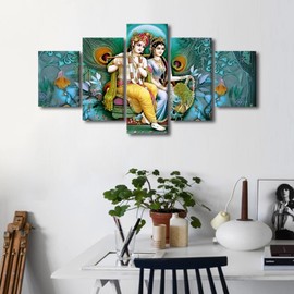 TUMOVO Hinduism Wall Decor for Bedroom Living Room Lord Krishna Wall Art Paintings Green Background Pictures Canvas Modern Wall Artwork Home Decor Office Wall Art Framed Ready to Hang - 60" Wx32 H