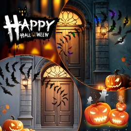 SoulBay 48 Pcs Halloween Decor Bats Wall Stickers - 12pcs Small LED Tea Lights with Remote Timer, 10 Sizes Lighted 3D Realistic Thickened PVC Bat Sticker for Indoor Home Window Party Supplies