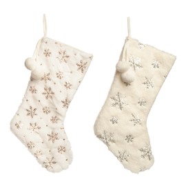 Transpac Plush Fuzzy Silver & Gold Snowflake Stocking Set of 2 Christmas Home Decorations