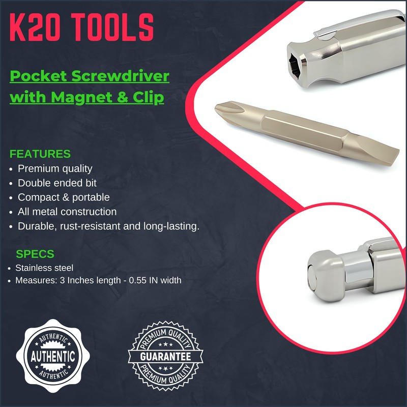 Pocket Screwdriver with Magnet & Clip (Stainless Steel) Double Ended