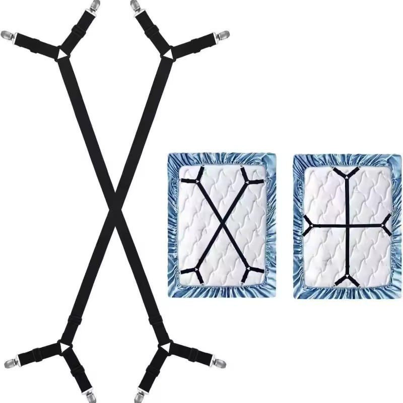 Adjustable Crisscross Bed Sheet Holder Straps with 12 Clips, Black