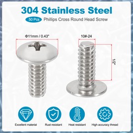 PATIKIL 10#-24x1/2 Truss Head Screws, 50Pcs Phillips Head Wood Sheet Metal Screws UNC 304 Stainless Steel Screw Fasteners for Household Appliances, Furniture, Ceiling Fan Blade