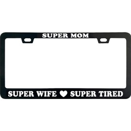 ZzUSoo Mom Super Wife License Plate Frame, 12 X 6 Inch Black Stainless Steel Car Accessories for Women, with 2 Holes & Screws