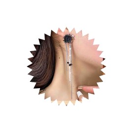 TseenYi Black Rose Flower Earring Silver Crystal Chain Tassel Earring Boho Black Floral Stud Earrings Long Chain Tassel Drop Earring Sparkling CZ Bridal Earring Jewellery for Women and Girls, Alloy