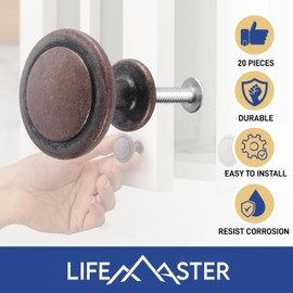 Lifemaster 12 pcs 1-1/4 inch Cabinet Knobs, Oil Rubbed Bronze Finish, Modern Design, Strong Zinc Alloy Construction, Easy Installation with Short and Adjustable Screws, Complete Set with 24 Screws