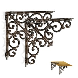 Linton Arts Vintage Cast Iron Decorative Shelf Brackets, 7.63" x 7.63" Heavy Duty Corner Wall Brackets for Shelves – Triangular Design Floating Shelf Bracket with Screws Included, 2 Pack
