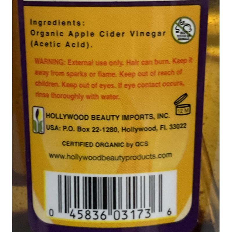 Hollywood Beauty pure organic apple cider vinegar, Brown, 3 Fl