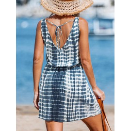 CUPSHE Women Swimsuit Cover Up Sleeveless V Neck Beach Coverup Dresses for Swimwear Back Tie-Blue Tie Dye, M