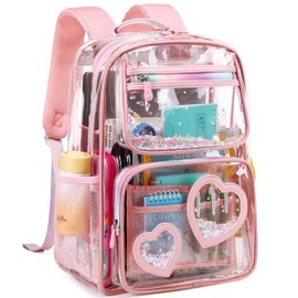 Clear Backpack for Kids Teens Girls Women Heavy Duty See Through Backpacks Cute Elementary Middle High School Bags Thick TPU Transparent Bookbag for College, Work, Stadium Events, Security Travel-Pink