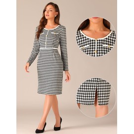 Allegra K Women's Houndstooth Checked Dress Crew Neck Long Sleeves Bodycon Sheath Dress, black
