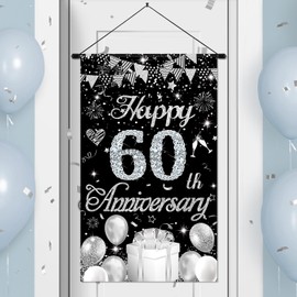 60th Anniversary Decorations Small Banner Black Silver Happy 60th Anniversary Door Hanging Banner Porch Front Door Decor for Women Men 60th Diamond Wedding Anniversary Party Cruise Door Sign Supplies