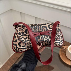 Women's Leopard Print Shoulder Bag, Underarm Hobo Handbag with Bow, Top-Handle Bags (Leopard & Red)