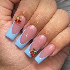 MISUD Press on Nails - Long Square Fake Nails with Blue French Tip, Acrylic Cherry Design 24 pcs