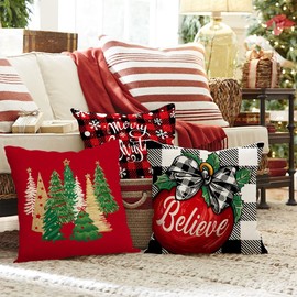 RABUSOFA Christmas Pillow Covers 18x18 Inch Set of 4,Red Truck Christmas Tree Throw Pillow Case Buffalo Plaid Bells Xmas Winter Holiday Decor Cushion Decorations Outdoor for Sofa Couch Home(19-18)