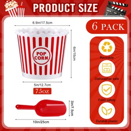 Roshtia 6 Pieces Plastic Popcorn Containers Reusable 75 oz Popcorn Bowl with Popcorn Scoop Retro Style Popcorn Boxes Red Popcorn Plastic Scoop Set for Movie Theater Night (Stripe)