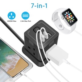 Cube Extension Lead with USB, 4 Way Power Strip with 3 USB Ports (5V/2.4A) BEVA UK Power Socket with Switch 1.5M Extension Cords for Home, Office, Travel, Dorm Room (Black)