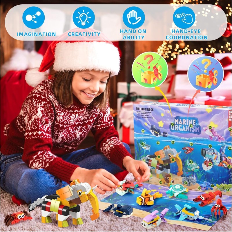 Christmas Advent Calendar 2024 Ocean Animals Building Blocks for Kids,