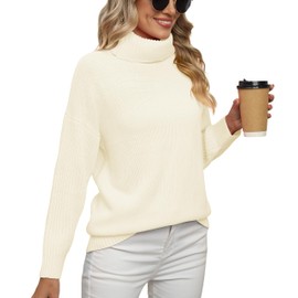 Jouica 2024 Women Fall Casual Turtleneck Batwing Sleeve Slouchy Oversized Ribbed Knit Tunic Sweaters Pullover,Beige White,Medium