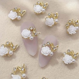 Camellia Flower Nail Charms 10pcs Rhinestone Pearl Full Cover Flower Nail Accessories Gold Alloy Floral Decor with Rhinestone Butterfly Designs White Aurora Luxury Jewelry