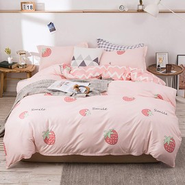 Michorinee Pink Strawberry Girls Bedding Set Double Bed Fruit Print Reversible Stripe Kids Duvet Cover with 2 Pillow Cases Soft Microfiber Children Quilt Cover Zipper Closure