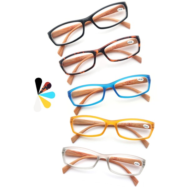 MODFANS 5 Pack Reading Glasses Women Men,Wood-Look Square Readers Spring Hinges 5 Pouch
