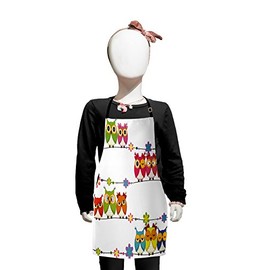 Lunarable Bird Apron, Angry Amusing Owls Birds Eyes Sitting on a String of Flowers Branch Animal Print, Small Apron Bib with Adjustable Ties for Baking Painting, Small Size, Multicolor