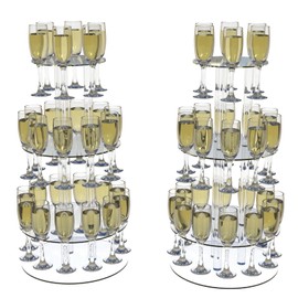 Laumffon Champagne Tower, Circle Acrylic Champagne Display Rack Stand with 28 Slots, 3 Tier Floating Sight Champagne Flute Holder for Party, Wedding, School, Celebration, 2Pcs