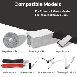36 Pack Replacement Accessories for Roborock Qrevo Master/Qrevo Slim Robot Vacuum Cleaner, 2 Pairs Mainbrush,6 HEPA Filters,10 Dust Bags, 10 Mop Pads, 6 Side Brushes,1 Cleaning Brush,1 Screwdriver