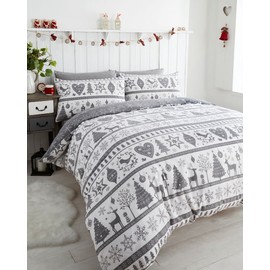 Duvet Cover Set - Grey & White Reindeer Heart & Christmas Tree Quilt Cover Set (Single)