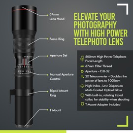 High-Power 500mm/1000mm f/8 Manual Telephoto Lens for Sony Alpha A99, A77, A65, A58, A57, A55, A37, A35, A33, A900, A700, A580, A560, A550, A390, A380, A330 and A290 Digital SLR Cameras