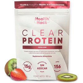 Clear Protein Water, Proteína En Polvo Refrescante con Electrolitos Whey Aislada de Suero de Leche Dulce Sin Azúcar 15g por Porción Sabor Fresa Kiwi Bebida Clear Protein Water Ligera Health Hack