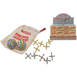 Traditional Retro Metal Jacks Family Game With 2 Rubber Swirly Bouncy Balls and 10 Heavy Metal Jacks Crosses Instructions And Cloth Carry Bag Classic Knucklebones Fivestones Game of Jacks