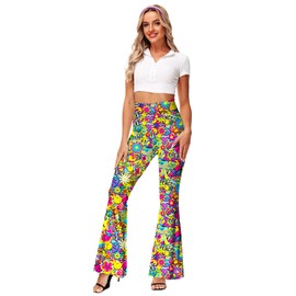 Women Bell Flare Pants Flower Print Hippie Costume Peace Sign Cute Groovy Outfit Trousers M