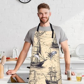 VODRM Vintage Nautical Map Apron with Adjustable Neck Strap,World Maps Ship Kitchen Aprons with 2 Pockets for Women,28x33in,Oxford Fabric,Gifts for Wife Mom,For Chef Cooking Baking Gardening BBQ