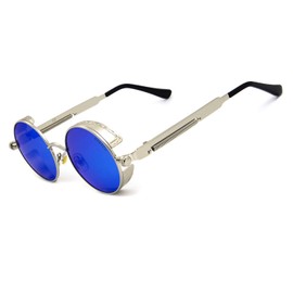RONSOU Steampunk Style Round Vintage Polarized Sunglasses Retro Eyewear UV400 Protection Matel Frame Silver Frame Blue Lens