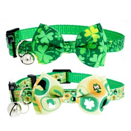 Sucrain 2 Pack St. Patrick's Day Cat Collar with Bow Tie Bell, Kitten Collar with Removable Bow Tie Adjustable Length with Shamrock Pattern for Cats Kittens Puppy Holiday Celebration (Green)
