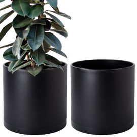 D'vine Dev 2 Pack 14 Inch Modern Plastic Plant Pots, Small Garden Planters for Plant with Drainage Holes and Saucers, Black Color, 74-Y-Q-1