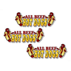 3 All Beef Hot Dogs 6" Decals for Concession Trailer or Hot Dog Cart Menu Board Vinyl Stickers (3 Decal Set - 2"x 6")