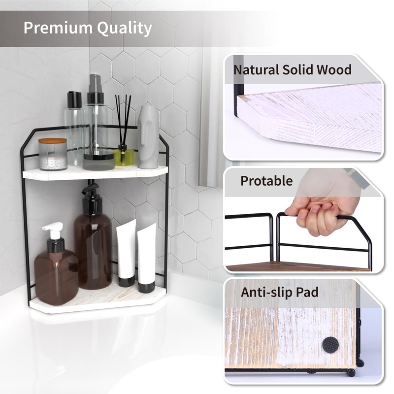 INIUNIK Corner Bathroom Counter Organizer - 2 Tier Wood Vanity