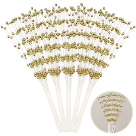 50Pcs Pearl Sticks for Flower Bouquet, Bead String of Pearls, Pearl Floral Picks, 4mm Bead String Garland DIY Bouquet Accessories for Wedding Bridal Shower Home Christmas Party Decoration (Gold)