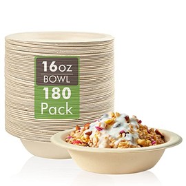 Vplus 180 Pack 16 OZ Paper Bowls, Disposable Compostable Bowls Bulk, Eco-friendly Bagasse Bowls, Heavy-duty Bowls Perfect for Milk Cereals, Snacks, Salads