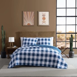 Wrangler - Queen Quilt Set, Breathable Cotton Bedding with Matching Shams, Lightweight & Ideal for All Seasons (Flagstaff Check Blue, Queen)
