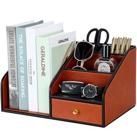 KINGFOM PU Leather Desk Organizer, Multifunction 6 Compartment Desk Organizers and Accessories for Office Supplies, Pen Pencil Holder/Book Mail Organizer Holder for Desk with Drawer (Brown)