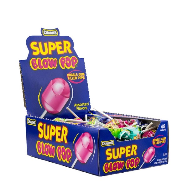 Tootsie Roll Charms Super Blow Pop Lollipops - Dual Candy and Gum Suckers - Bulk Treat for Kids and Adults - Assorted Flavors, 48 Count