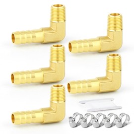 GASHER 5 Pieces Brass Hose Barb Reducer 90 Degree Elbow 3/8 Inch BSP to 10mm with 5 Hose Clam, Brass Barb Reducer Splicer Fitting Fuel/AIR/Water/Oil/Gas/WOG